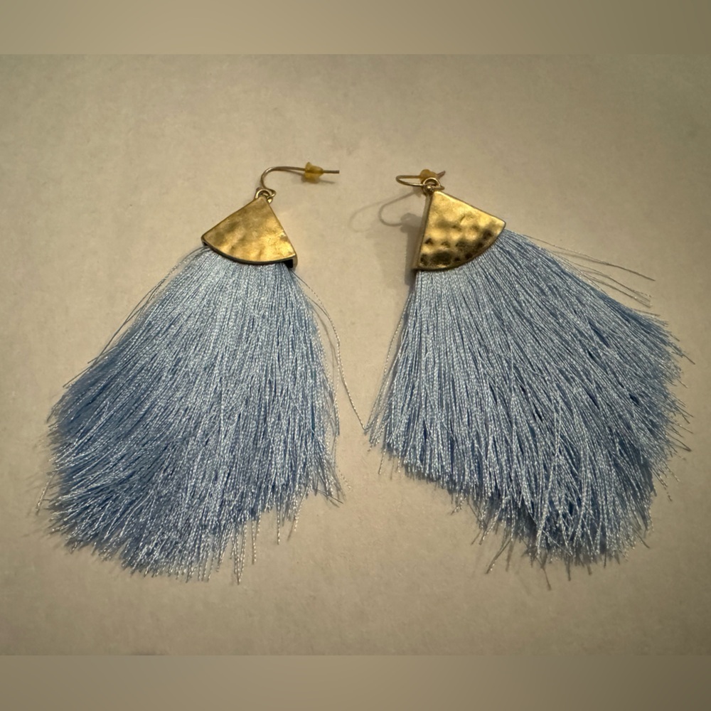 Hammered fringe tassel earrings- light blue
